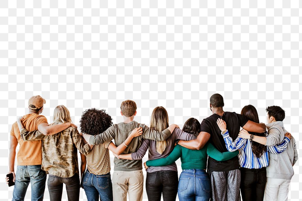 Diverse people png rear view border, transparent background
