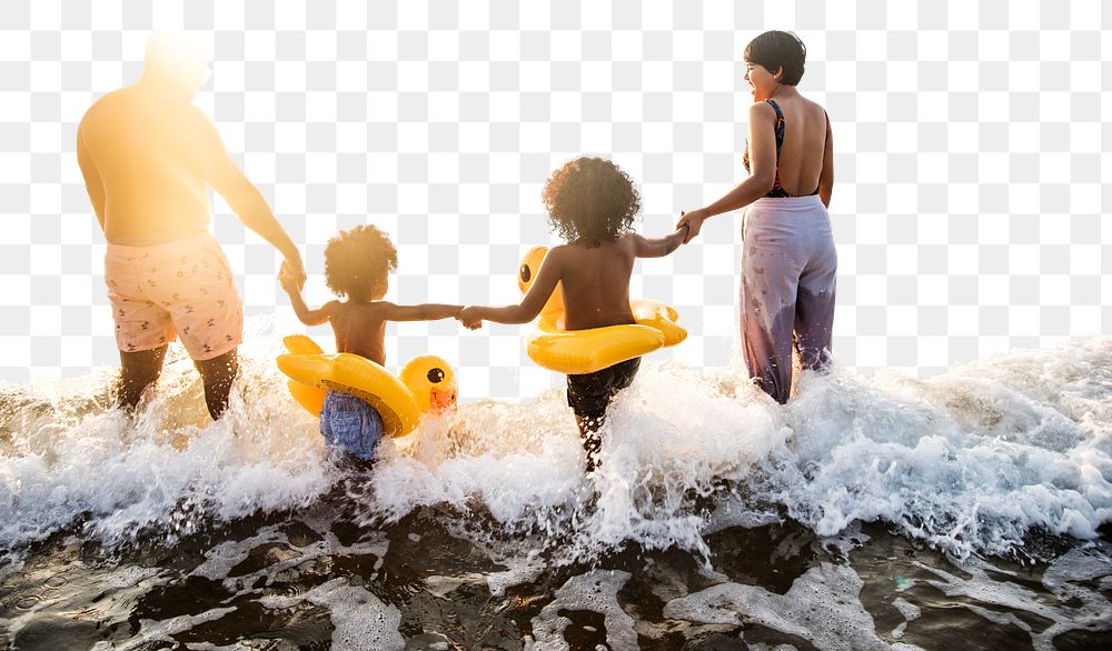 PNG black family enjoy the beach, transparent background