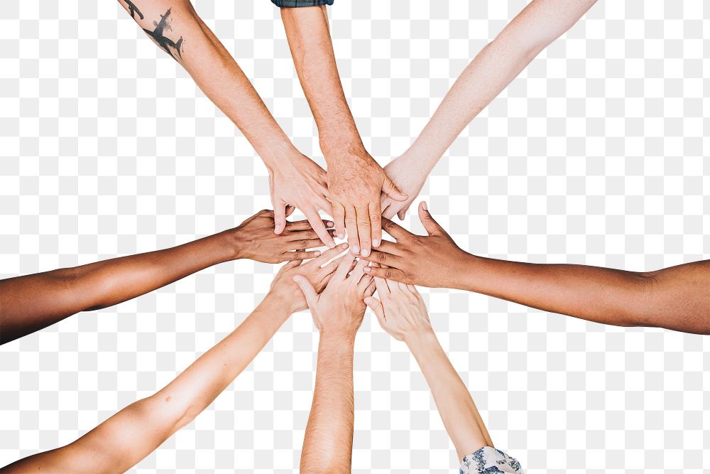 PNG diverse people stacking hands together, transparent background
