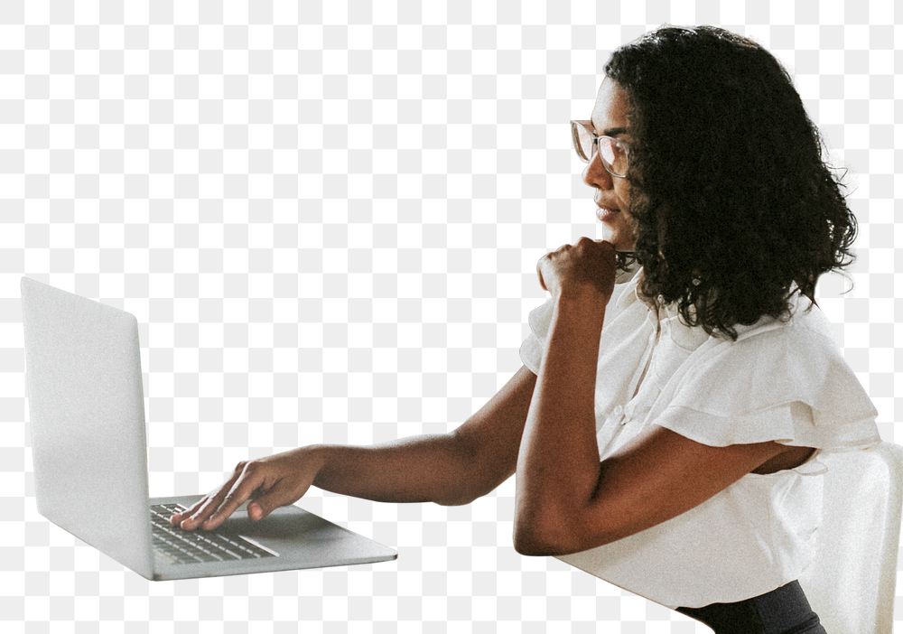 Businesswoman png using laptop, transparent background