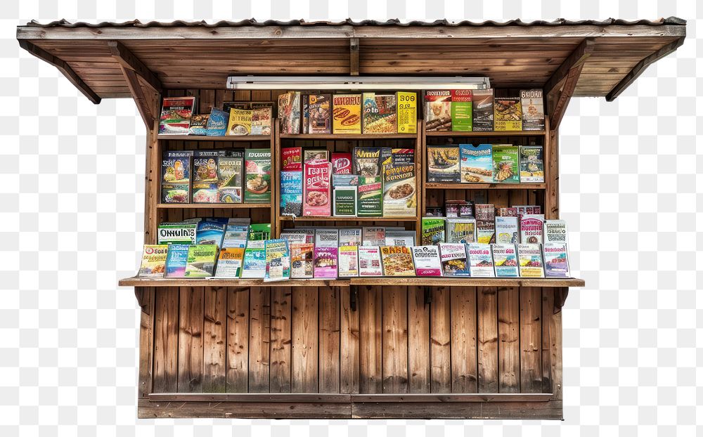PNG  Rustic kiosk with colorful brochures