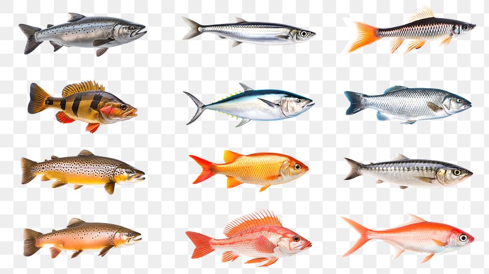 PNG edible fish animal set, transparent background