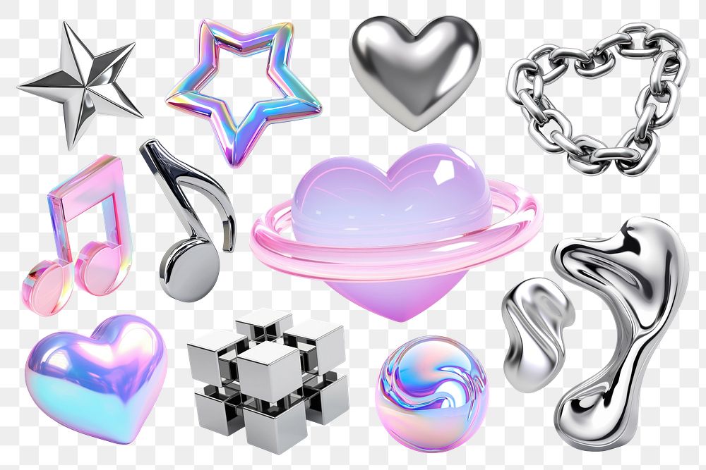 PNG 3d hologram and chrome element set, transparent background