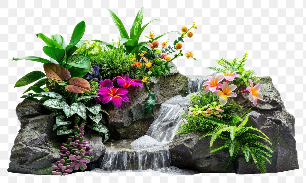 Vibrant waterfall garden scene