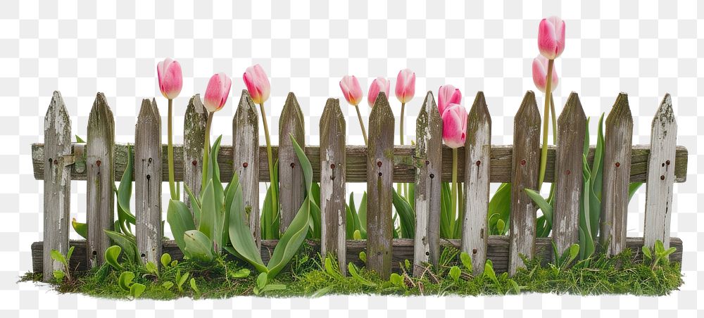 Rustic fence with pink tulips