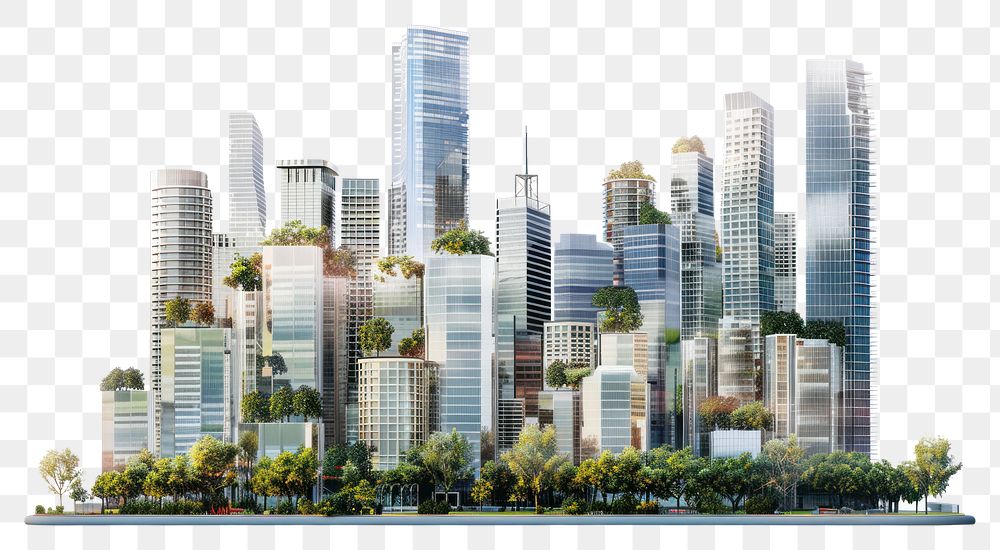 PNG Modern urban skyline with greenery