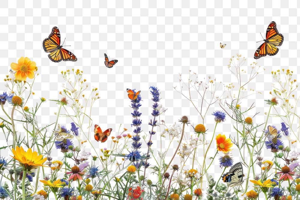 PNG Colorful butterflies over wildflowers