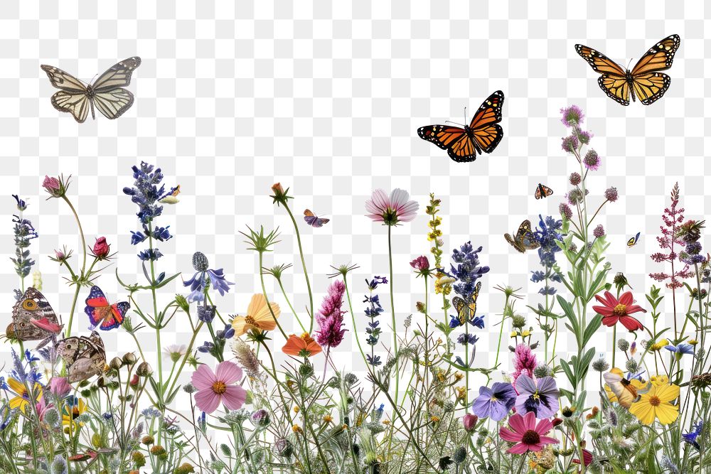 PNG Colorful butterflies in blooming meadow