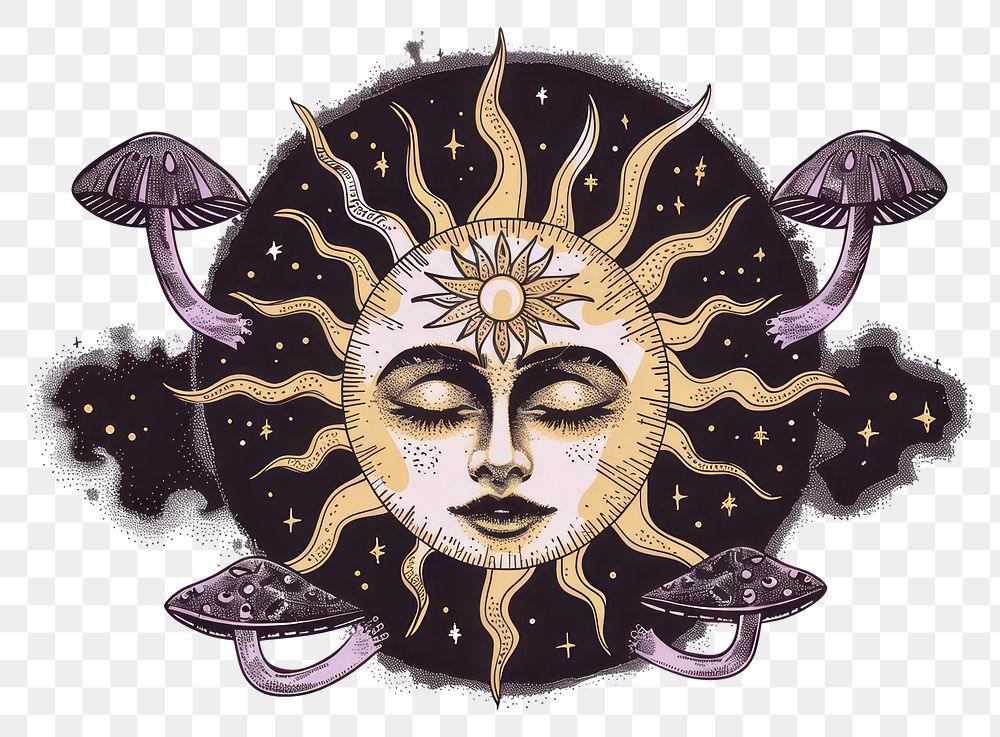 PNG Mystical sun face with mushrooms