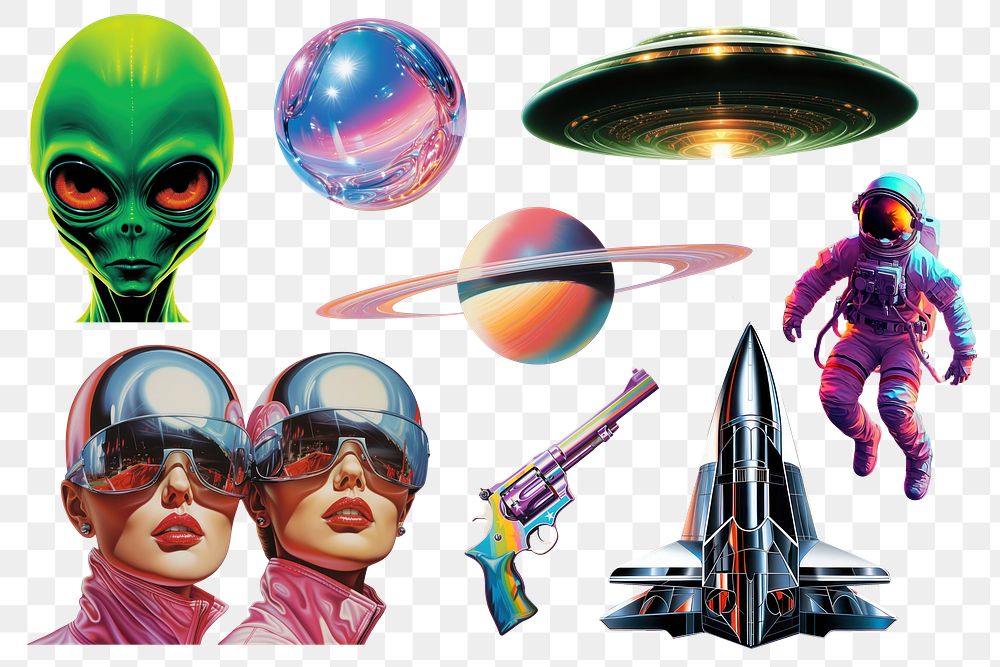 PNG sci-fi nostalgia air brush  element set, transparent background