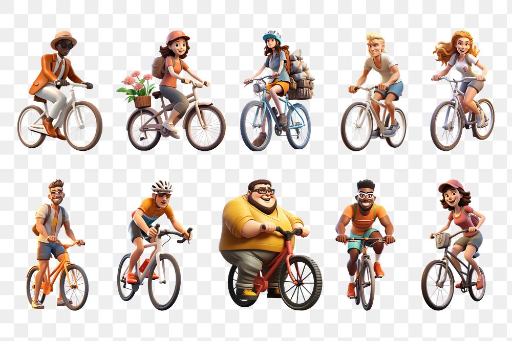 PNG 3D people riding bikes element set, transparent background