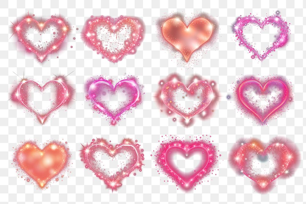 PNG neon pink heart element set, transparent background