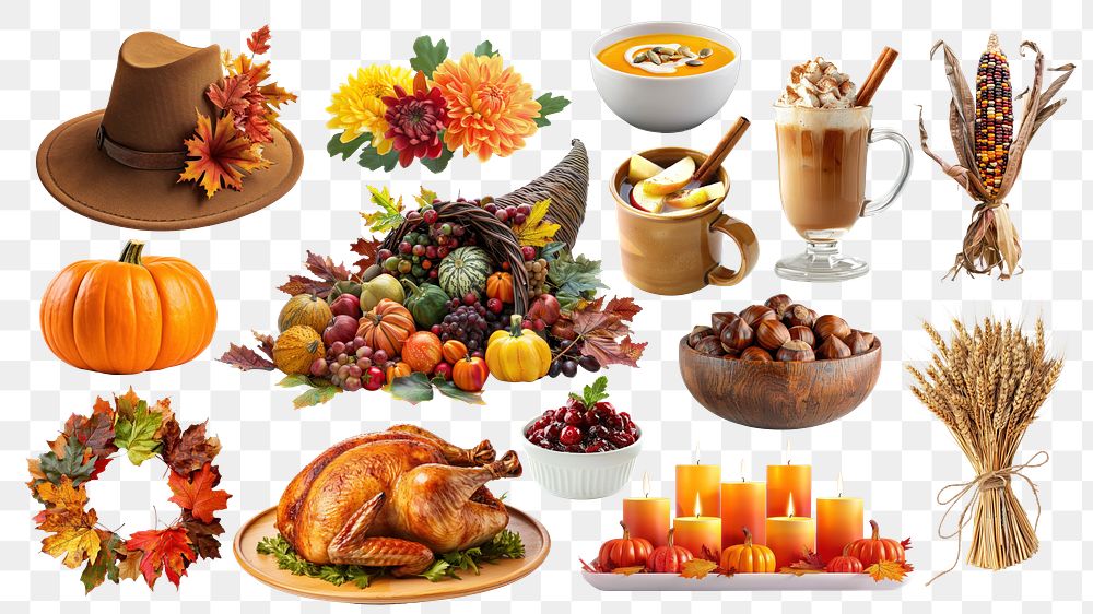 PNG Thanksgiving food and drink element set, transparent background