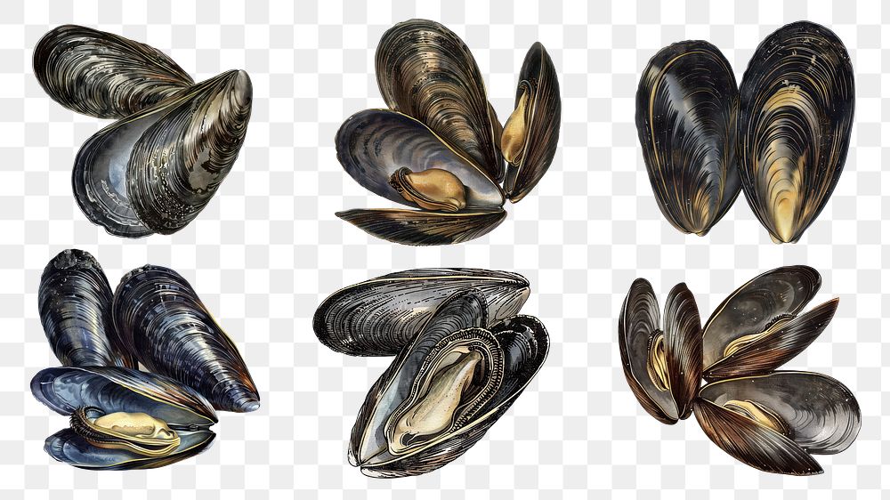 PNG vintage mussel illustration element set, transparent background