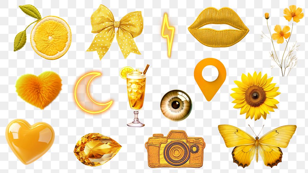 PNG yellow aesthetic  design element set, transparent background