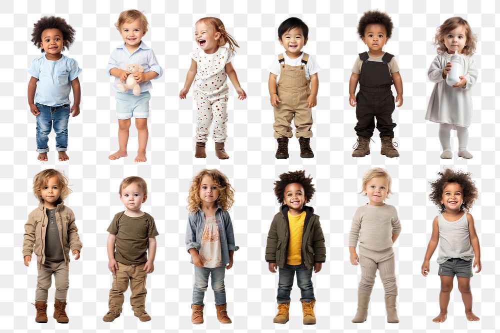 PNG diverse toddler full body design element set, transparent background