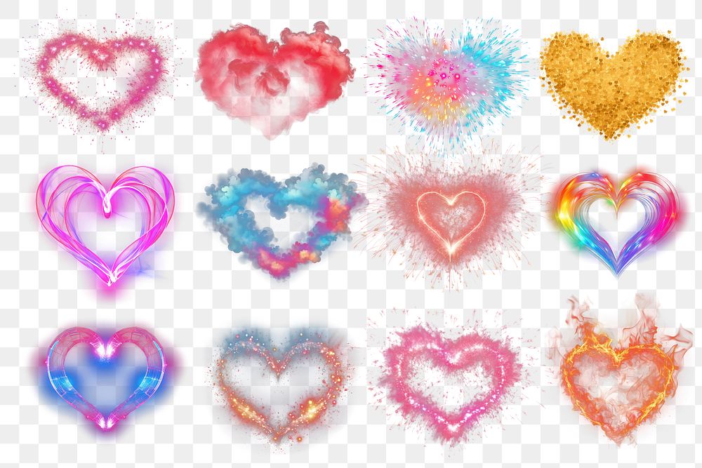 PNG heart overlay effect design element set, transparent background