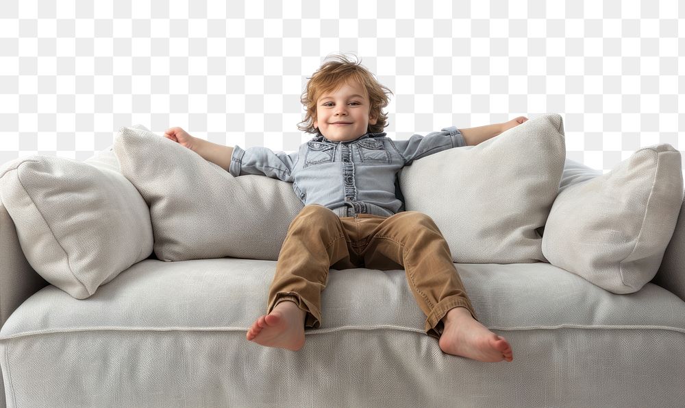 PNG Happy child relaxing on sofa