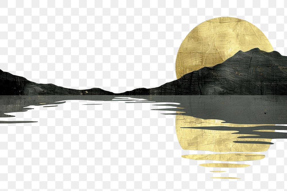 PNG Golden moonlit mountain lake reflection border, transparent background