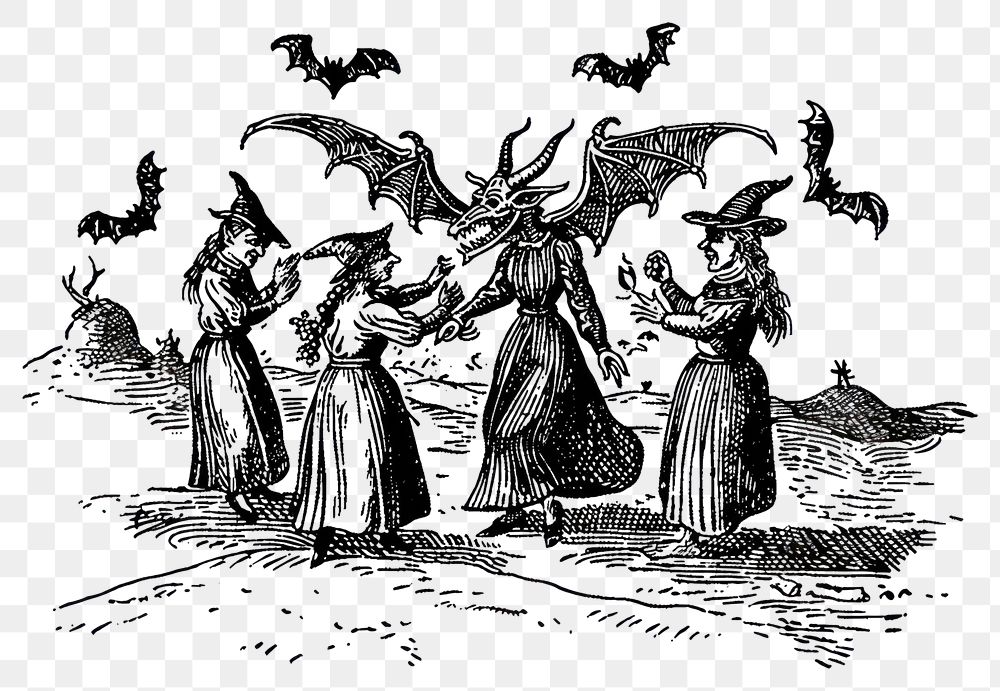 PNG  Vintage witches with dragon creature