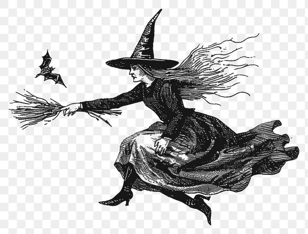 PNG  Vintage witch flying broomstick illustration