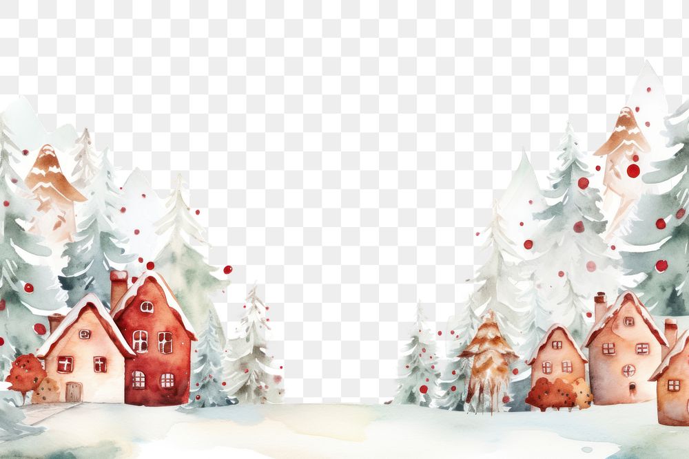 PNG Winter village watercolor scene border, transparent background