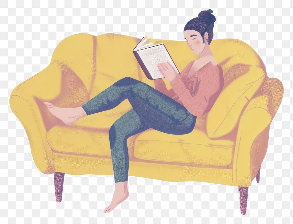 Woman reading on yellow sofa