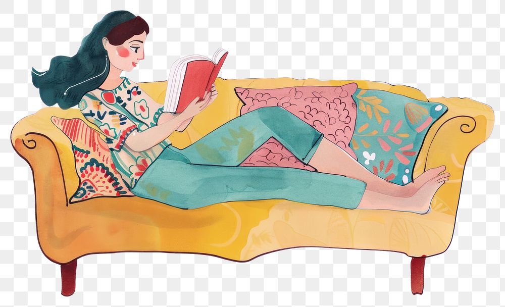 Woman reading on colorful couch