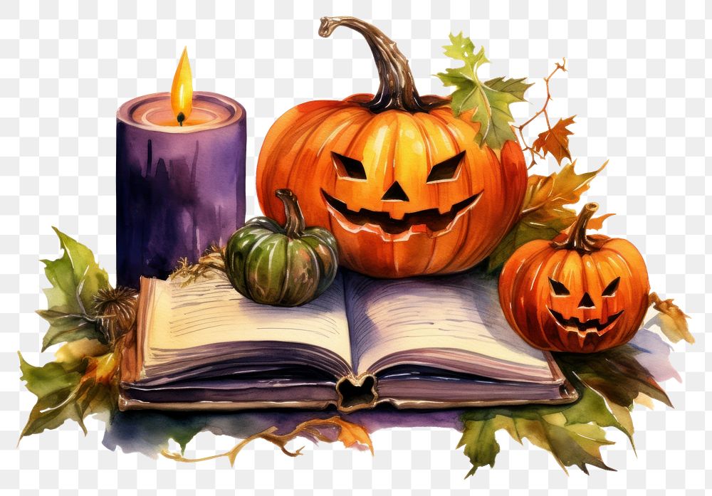 PNG Watercolor open book halloween candle jack-o-lantern.