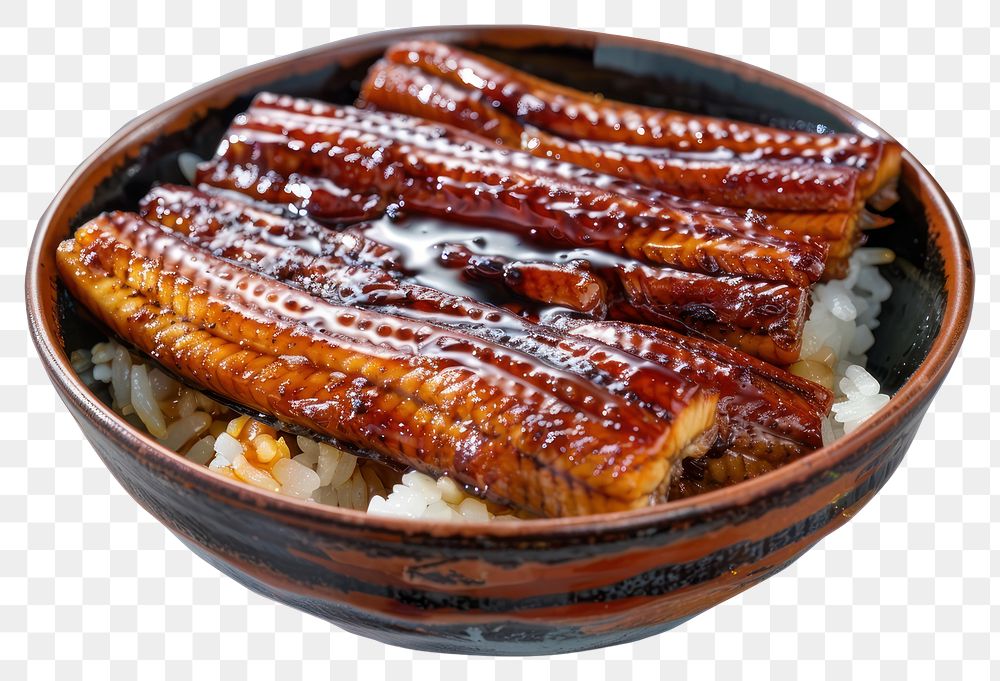 PNG Japanese bowl of eel with rice produce food meat.