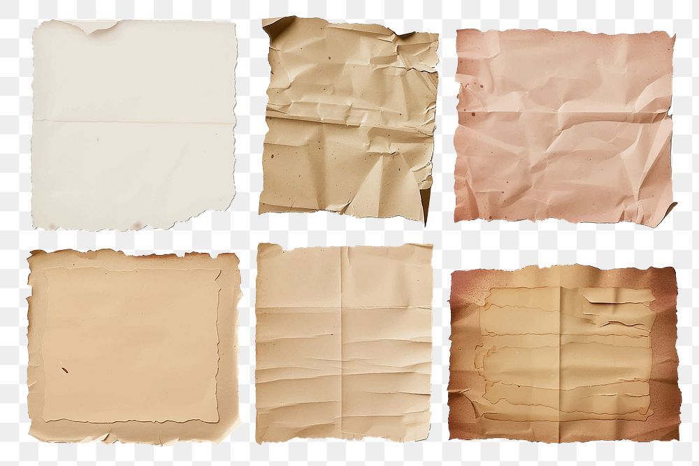 PNG vintage wrinkled paper element set, transparent background