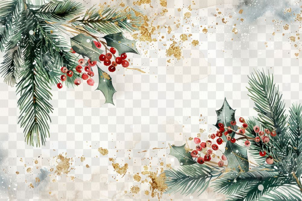 PNG Winter watercolor background branches berries holly.