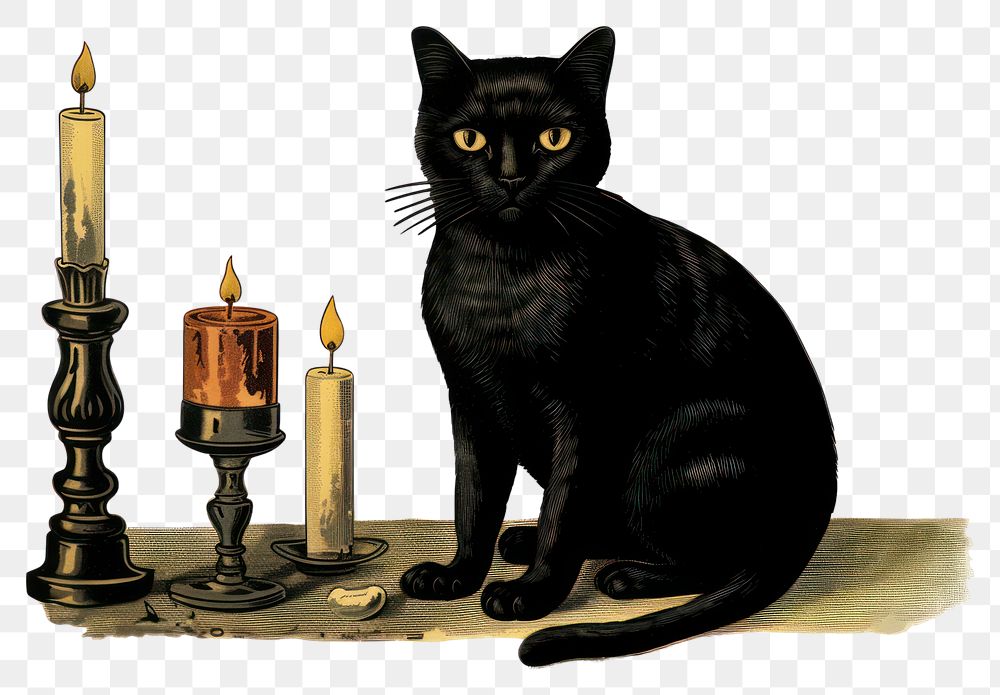 PNG Black cat with candles illustration