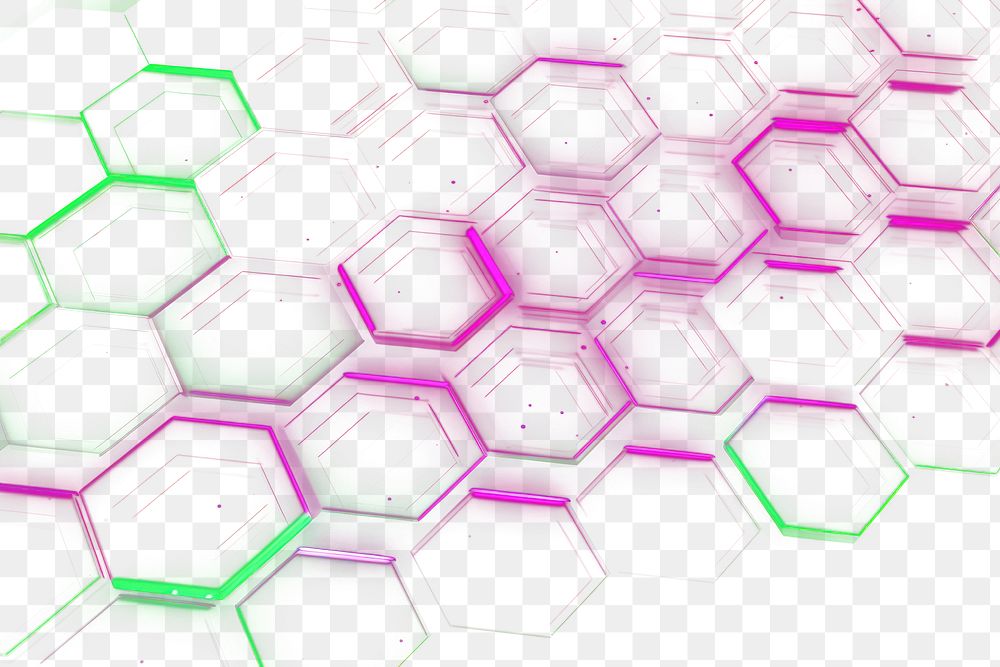 Vibrant hexagonal neon pattern png light overlay effect, transparent background