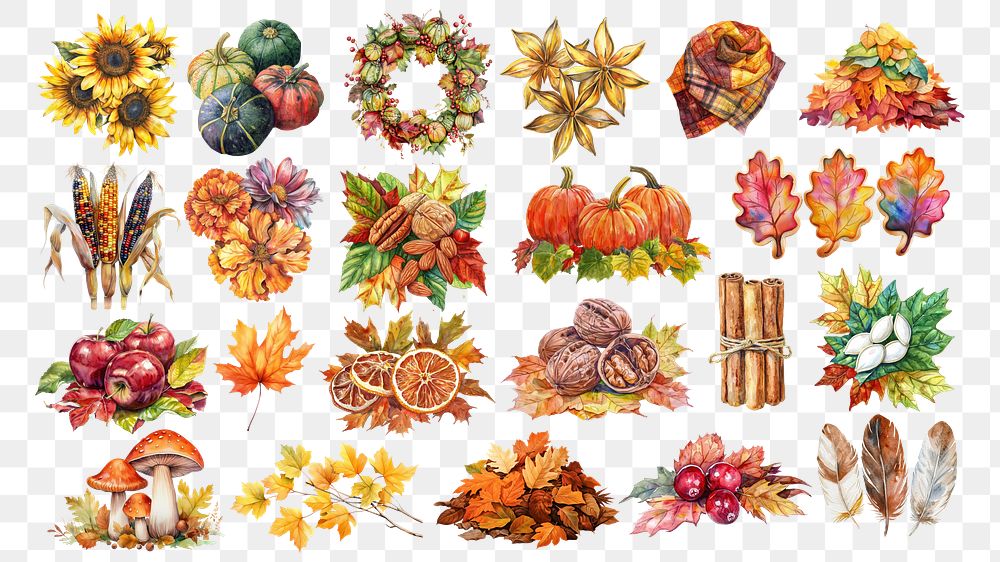 PNG autumn harvest element set, transparent background