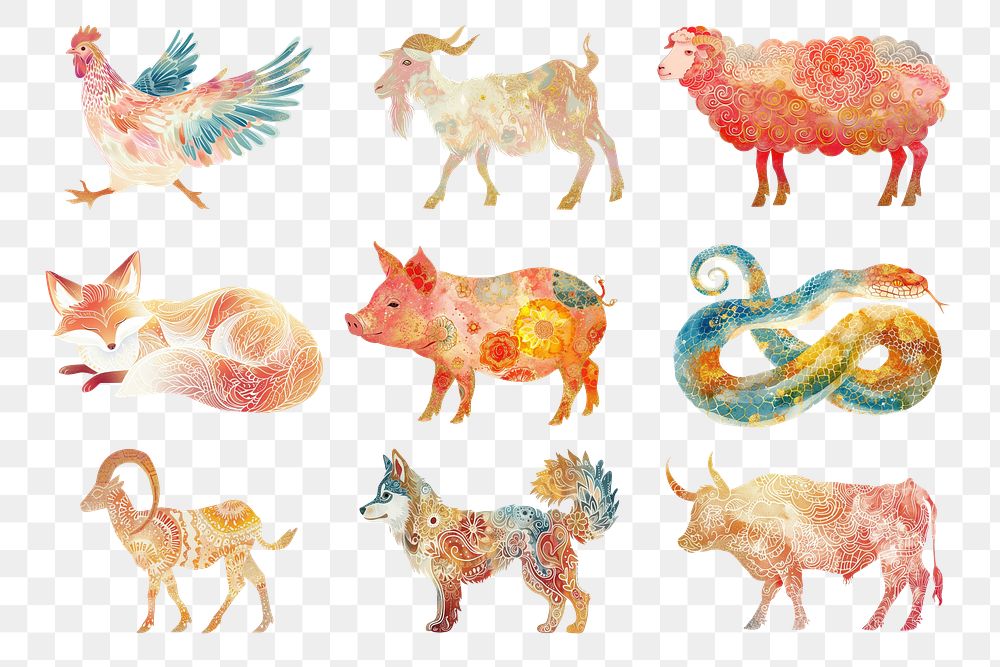 PNG Chinese folk animal art element set, transparent background