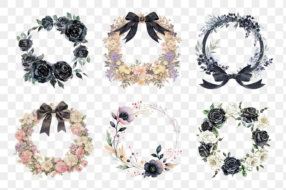 PNG watercolor flower frame element set, transparent background