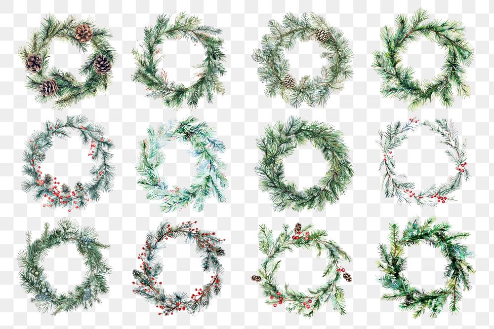 PNG watercolor Christmas wreath element set, transparent background