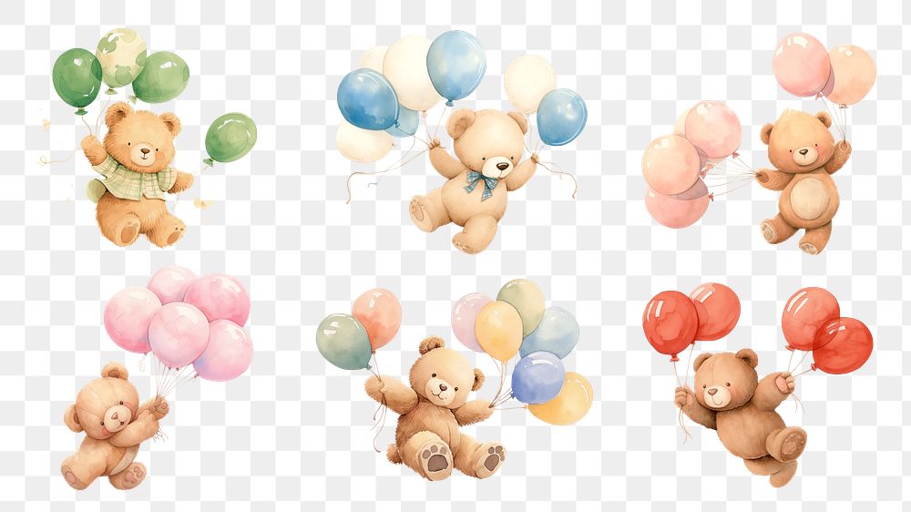 PNG watercolor bear with balloons design element set, transparent background