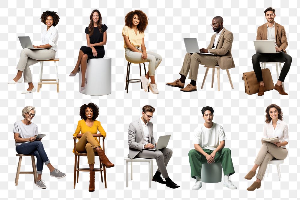 PNG diverse people sitting design element set, transparent background