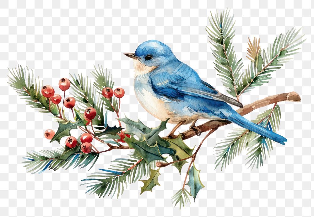 PNG Bluebird perched on holly branch