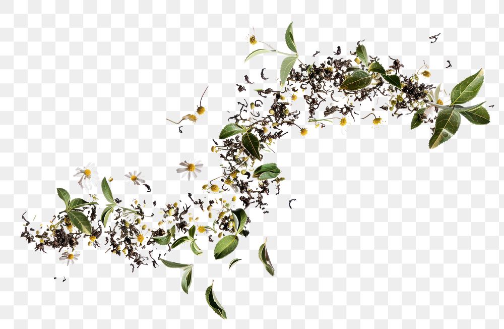 PNG Dissected floating tea leaves blossom herbal flower.