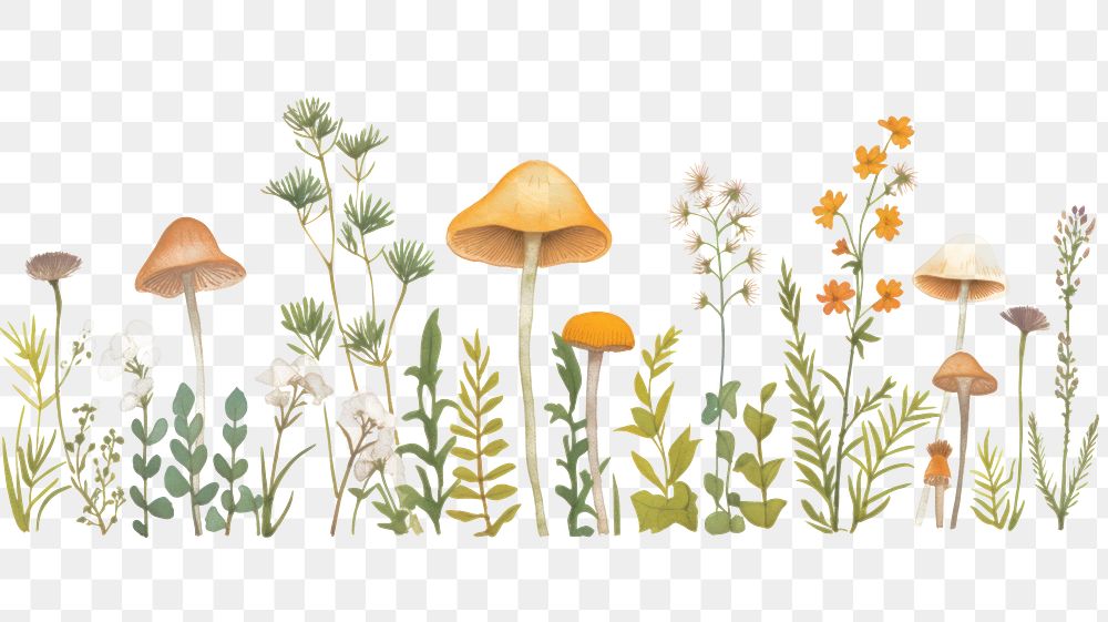 PNG Mushrooms with flowers as divider watercolor illustrated drawing fungus.