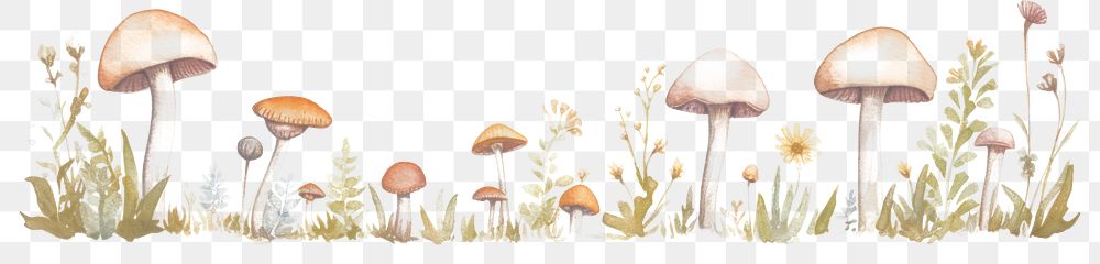 PNG Mushrooms with flowers as divider watercolor illustrated drawing fungus.