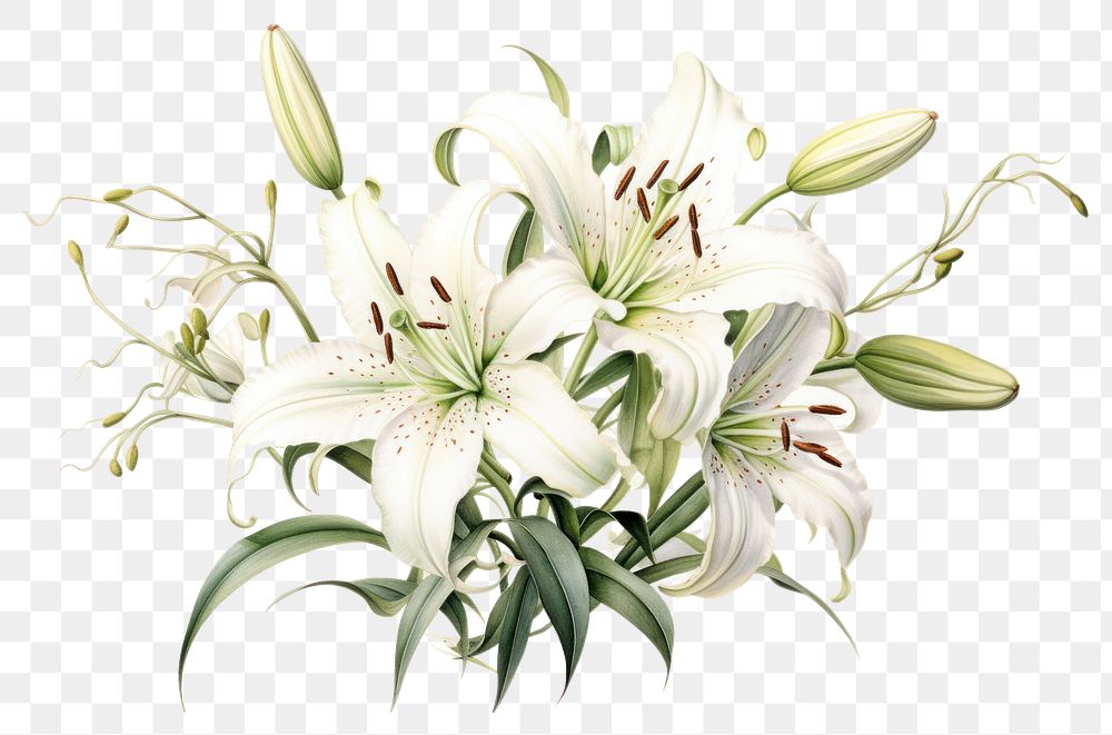 PNG Botanical illustration lily bouquet flower plant white.