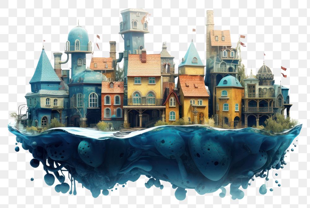 PNG Floating whimsical village fantasy illustration