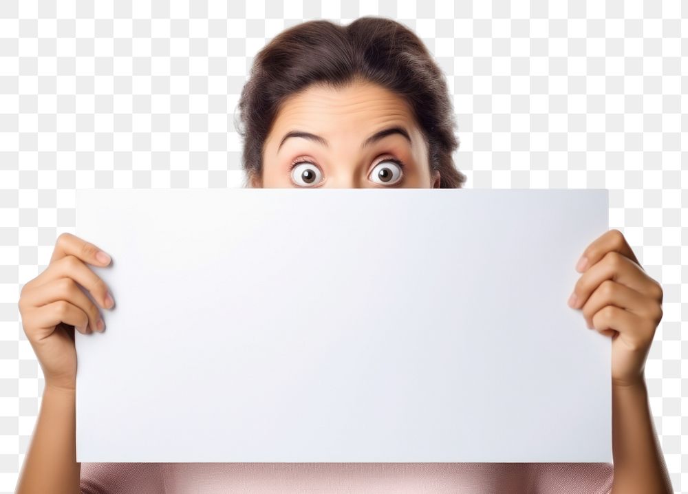 Women hiding behind a blank white board surprised adult photo. 