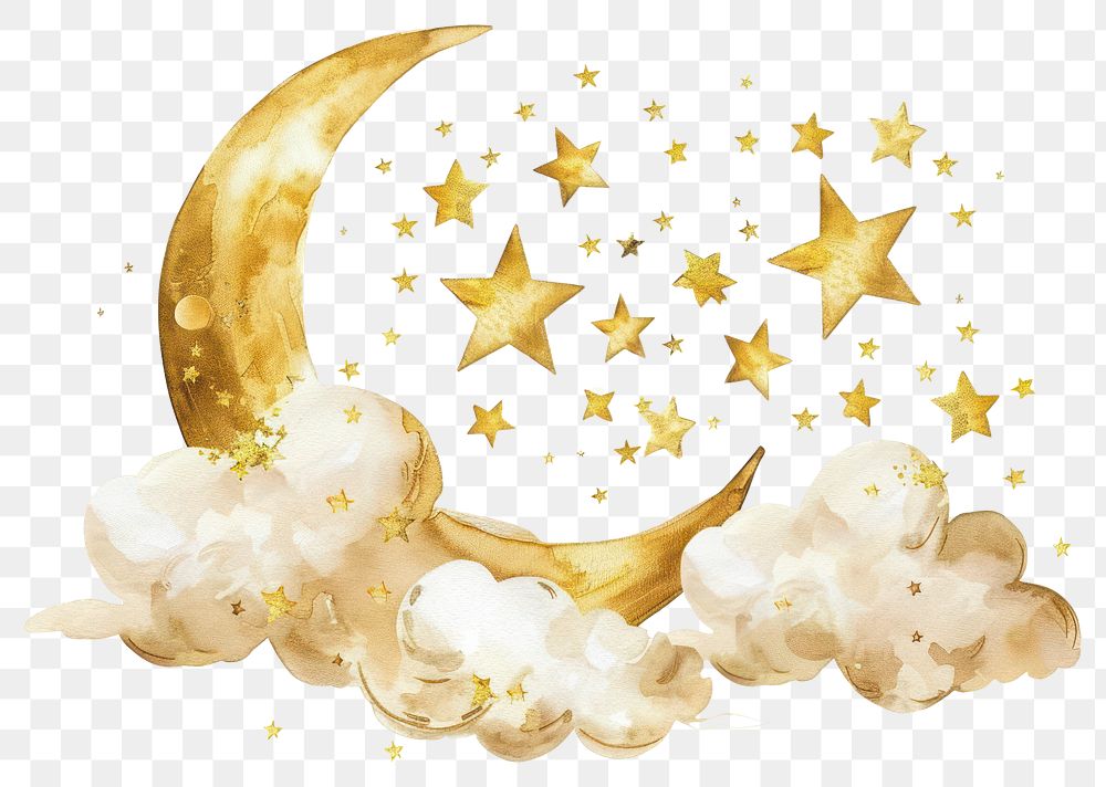 Watercolor gold stars and crescent moon with cloud astronomy outdoors dessert.