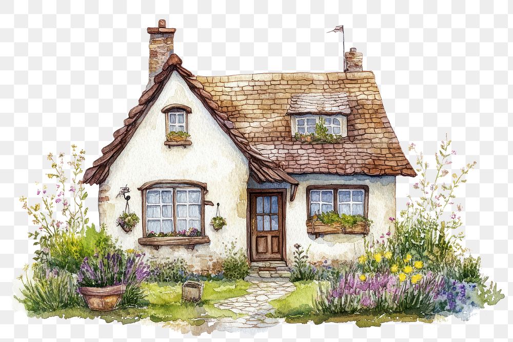 PNG  English cottage with garden architecture illustration watercolor.