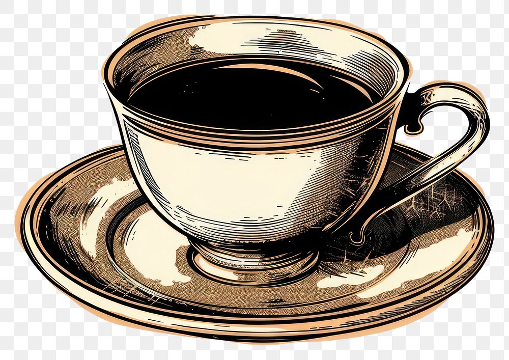 PNG  A cup of coffee illustration vintage saucer.